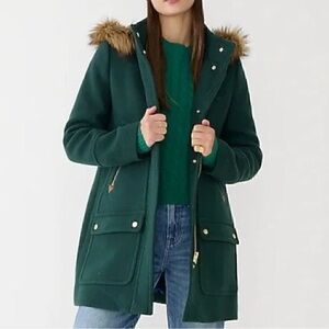 J. Crew Dark Green Chateau Jacket with Faux Fur Hood